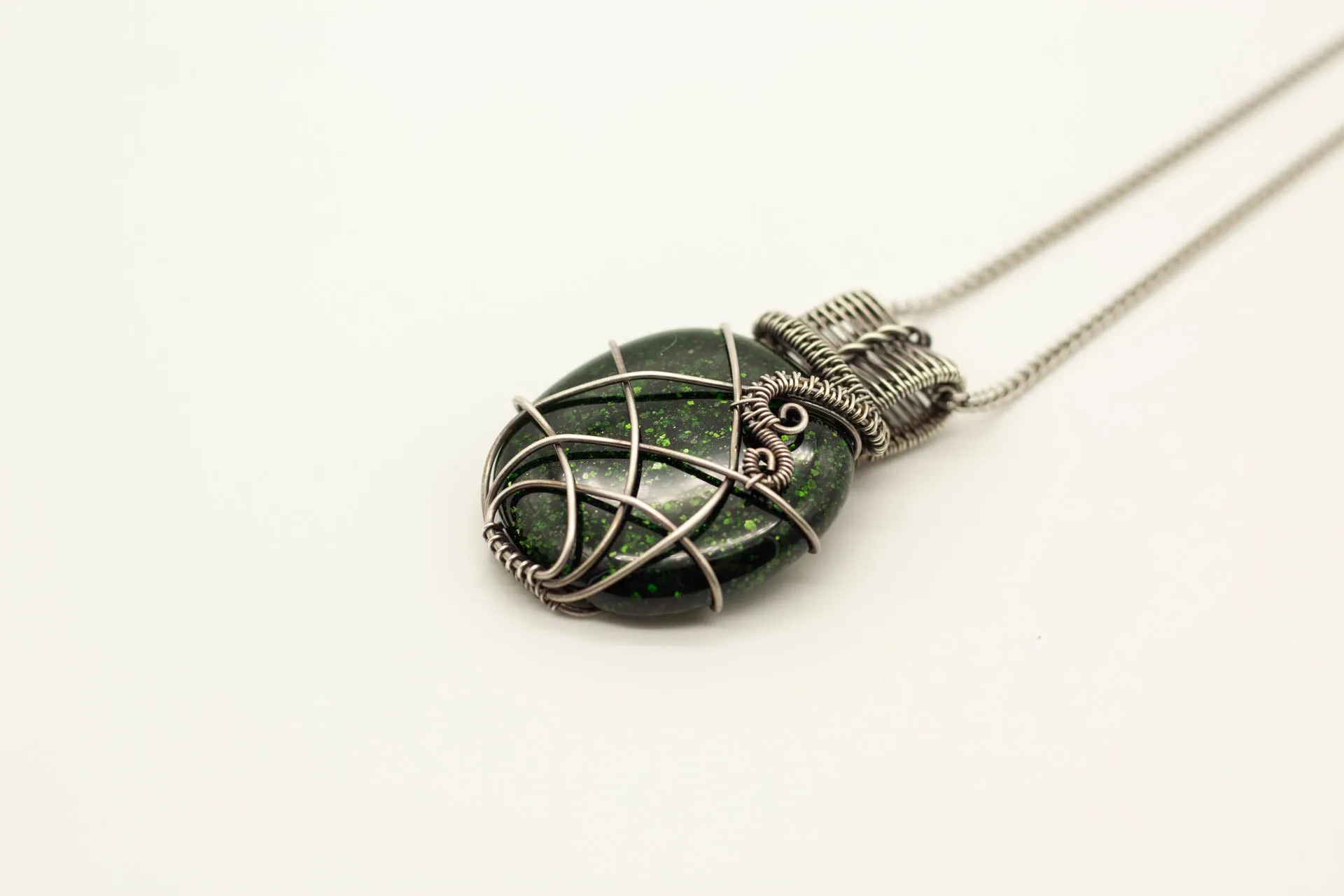 Elegant Green Dichroic Fused Glass and Sterling Silver Statement Pendant