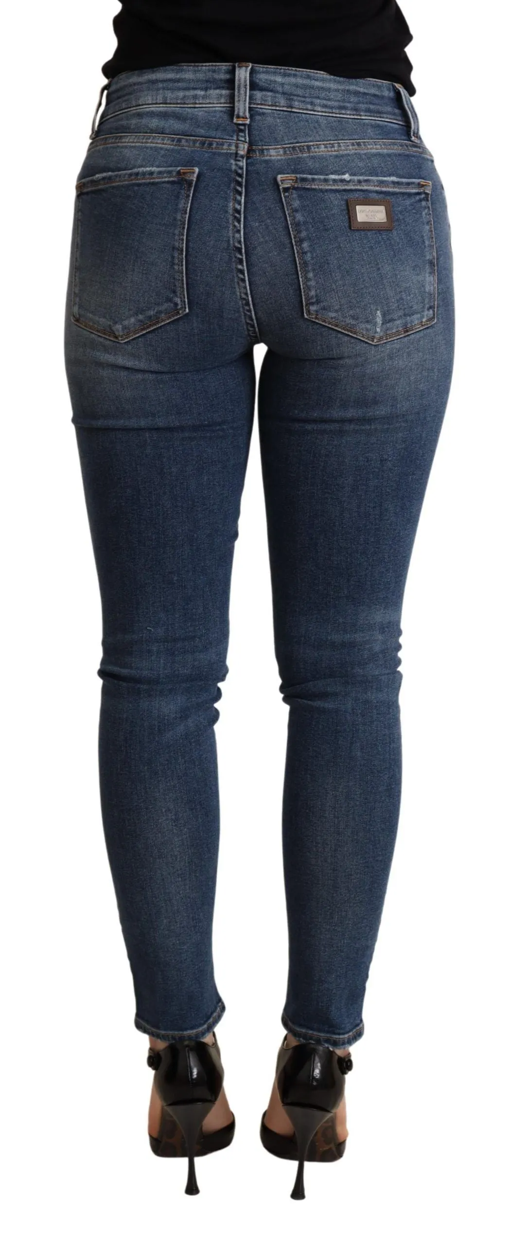 Elegant Mid Waist Skinny Blue Jeans
