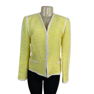 Escada Yellow Textured Tweed Jacket With White Trim Womens Size 38