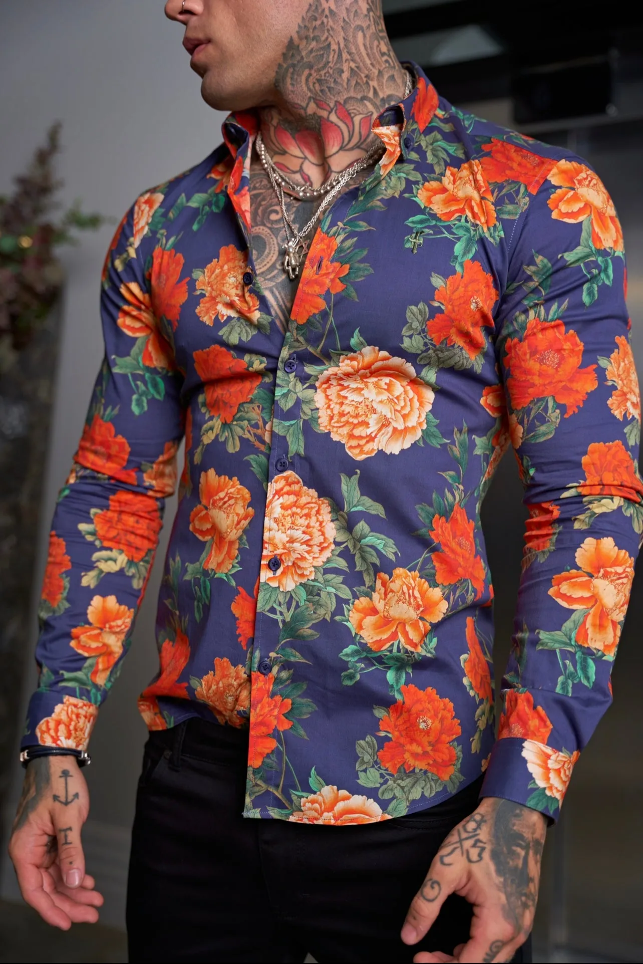 Father Sons Super Slim Stretch Navy and Red Floral Print Long Sleeve with Button Down Collar - FS840