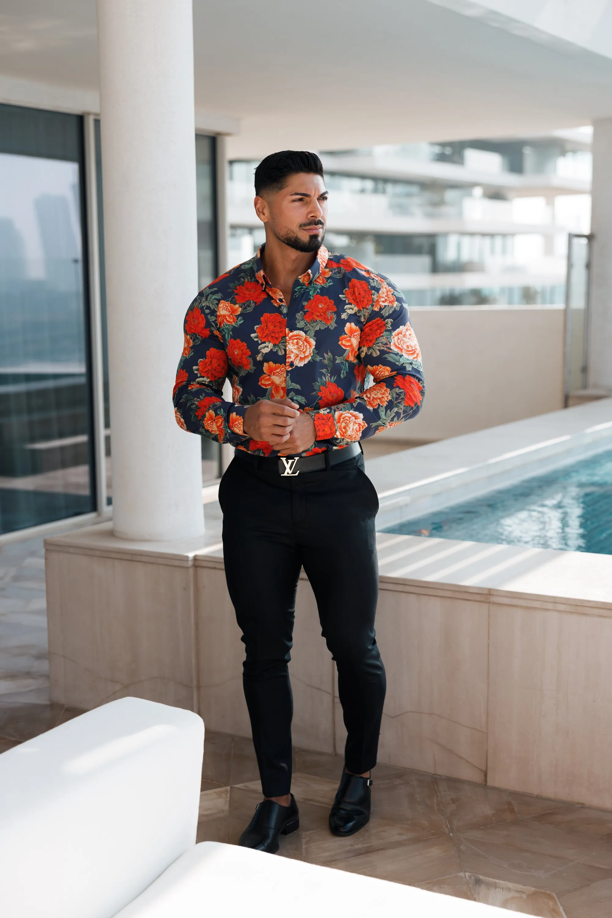 Father Sons Super Slim Stretch Navy and Red Floral Print Long Sleeve with Button Down Collar - FS840