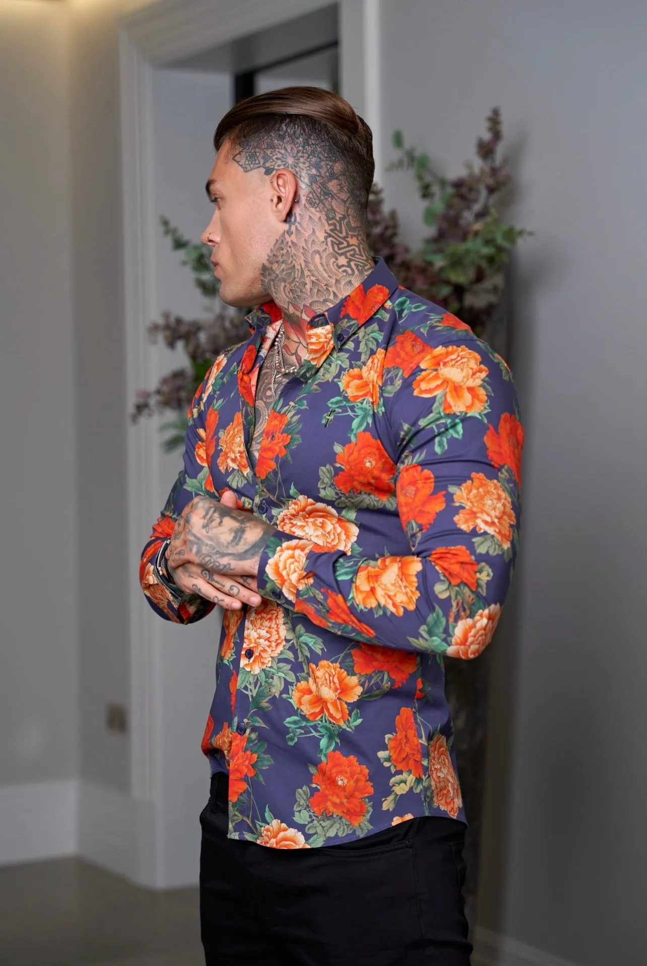 Father Sons Super Slim Stretch Navy and Red Floral Print Long Sleeve with Button Down Collar - FS840
