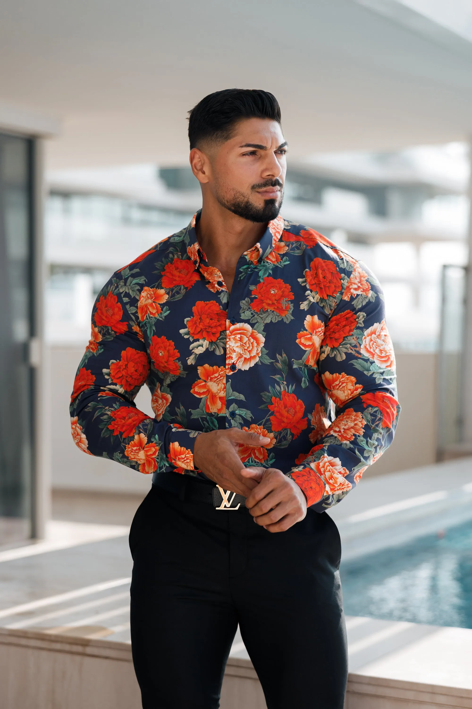 Father Sons Super Slim Stretch Navy and Red Floral Print Long Sleeve with Button Down Collar - FS840