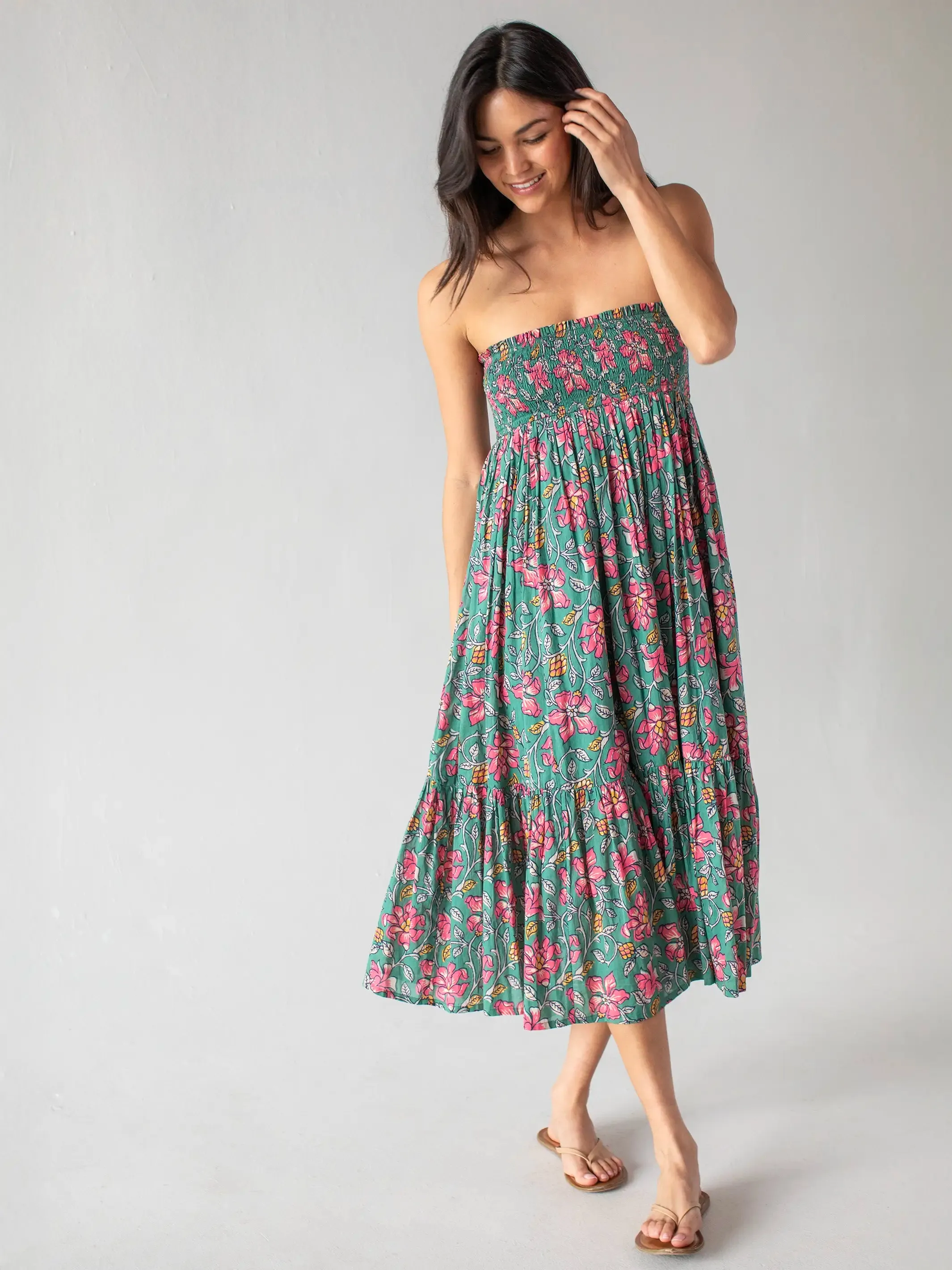 Flora Cotton Convertible Maxi Skirt - Teal Pink Lilies