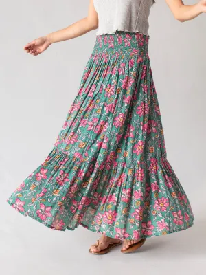 Flora Cotton Convertible Maxi Skirt - Teal Pink Lilies