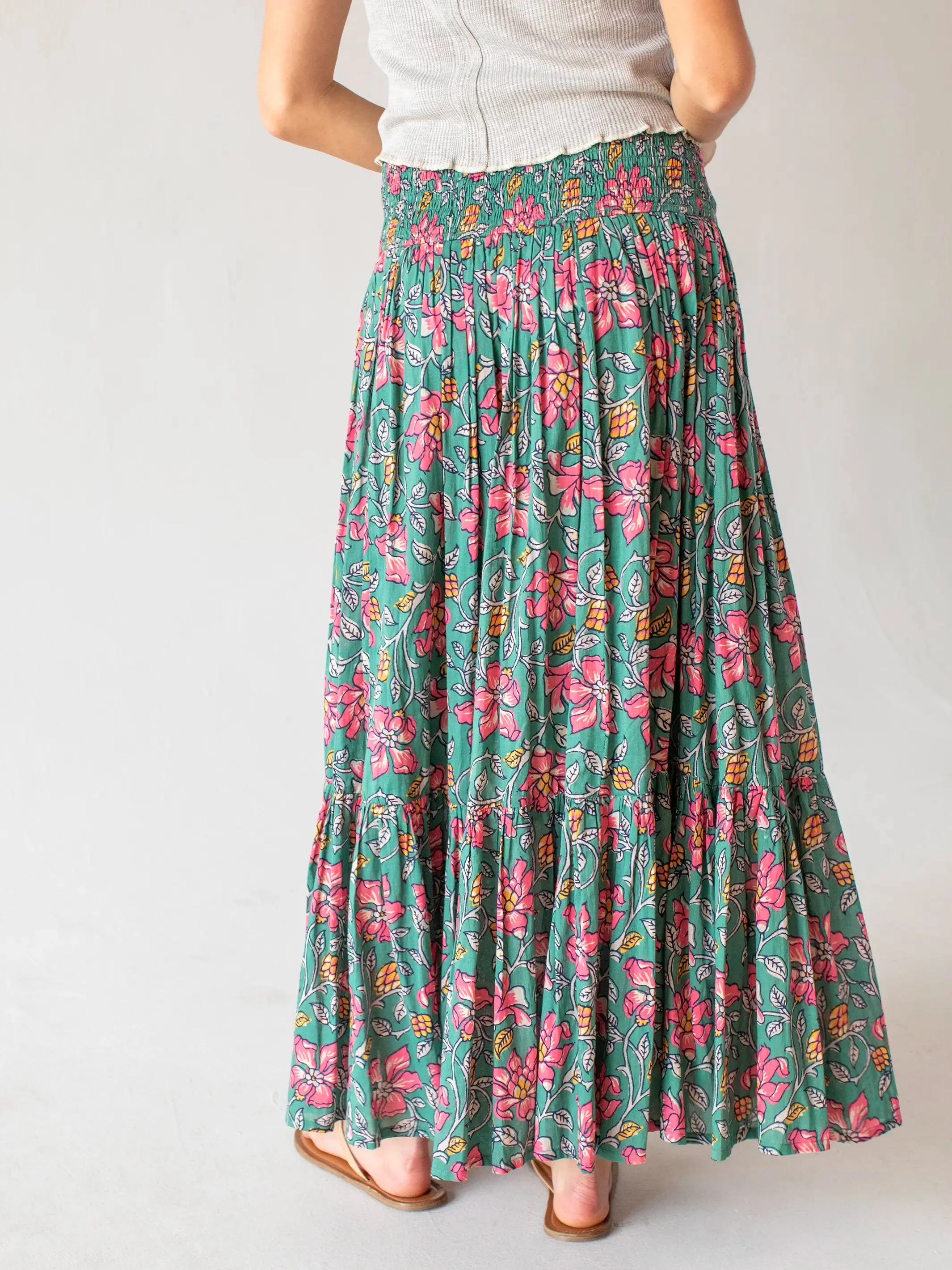 Flora Cotton Convertible Maxi Skirt - Teal Pink Lilies