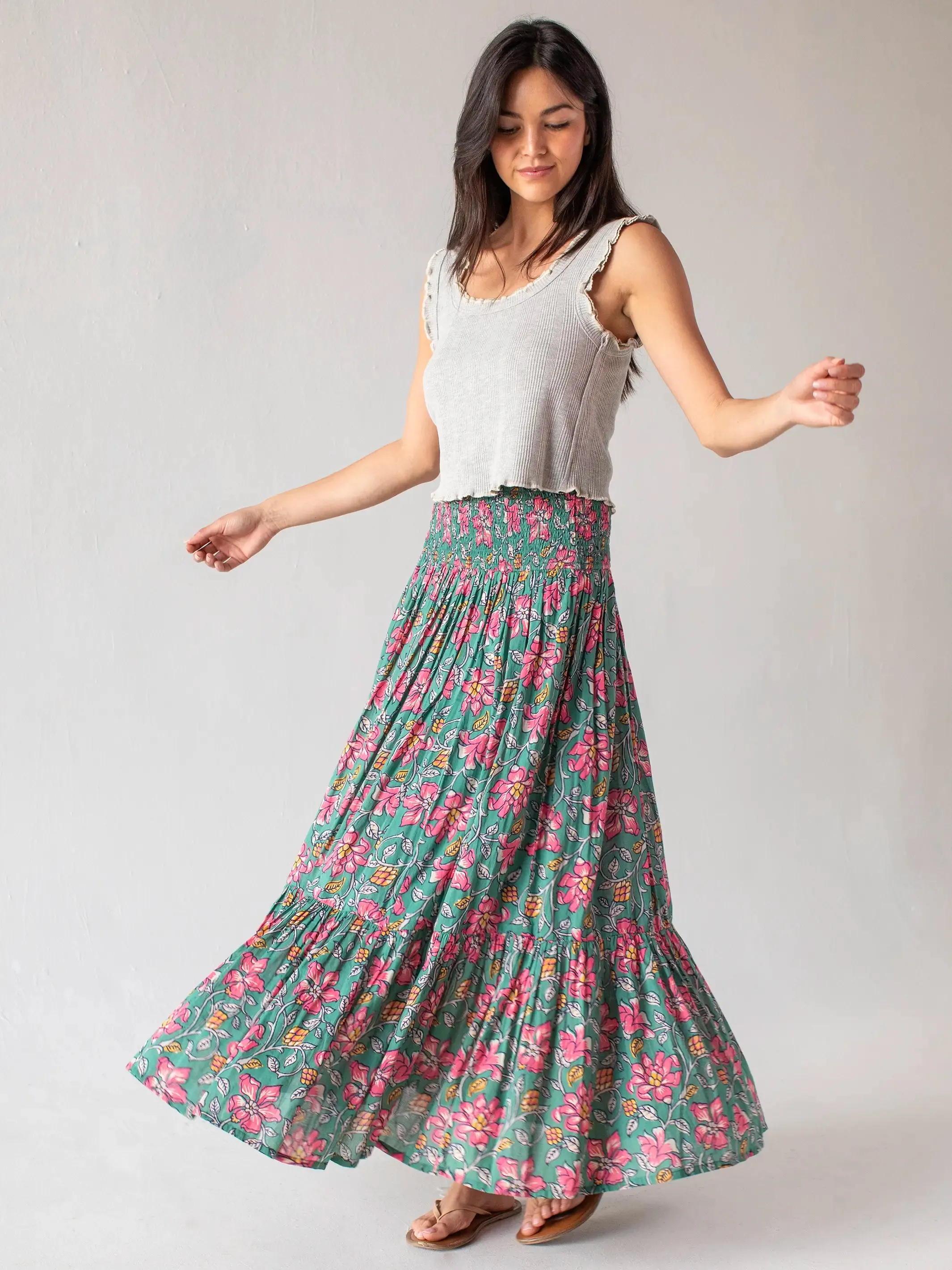Flora Cotton Convertible Maxi Skirt - Teal Pink Lilies