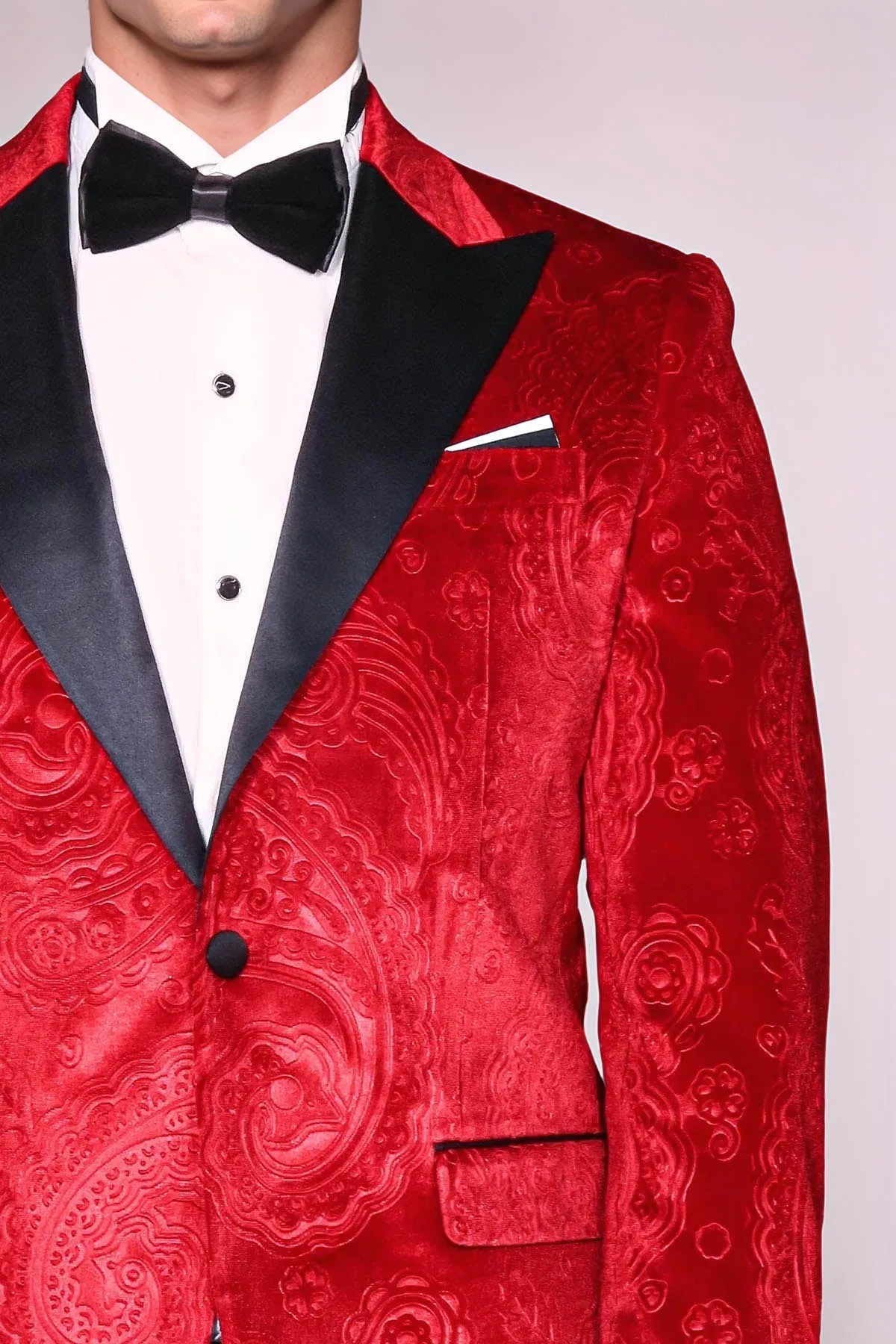 Floral Patterned Velvet Burgundy Men Prom Blazer - Wessi