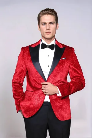 Floral Patterned Velvet Burgundy Men Prom Blazer - Wessi
