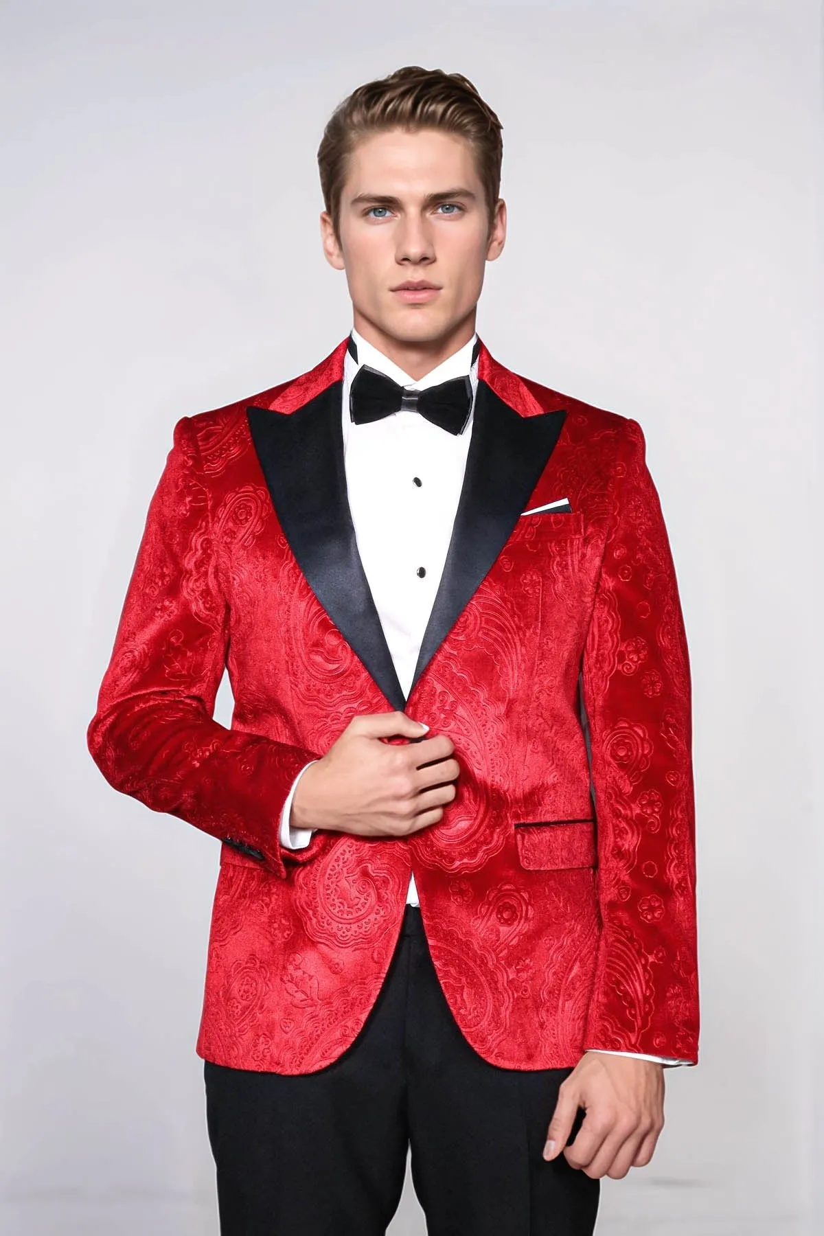 Floral Patterned Velvet Burgundy Men Prom Blazer - Wessi