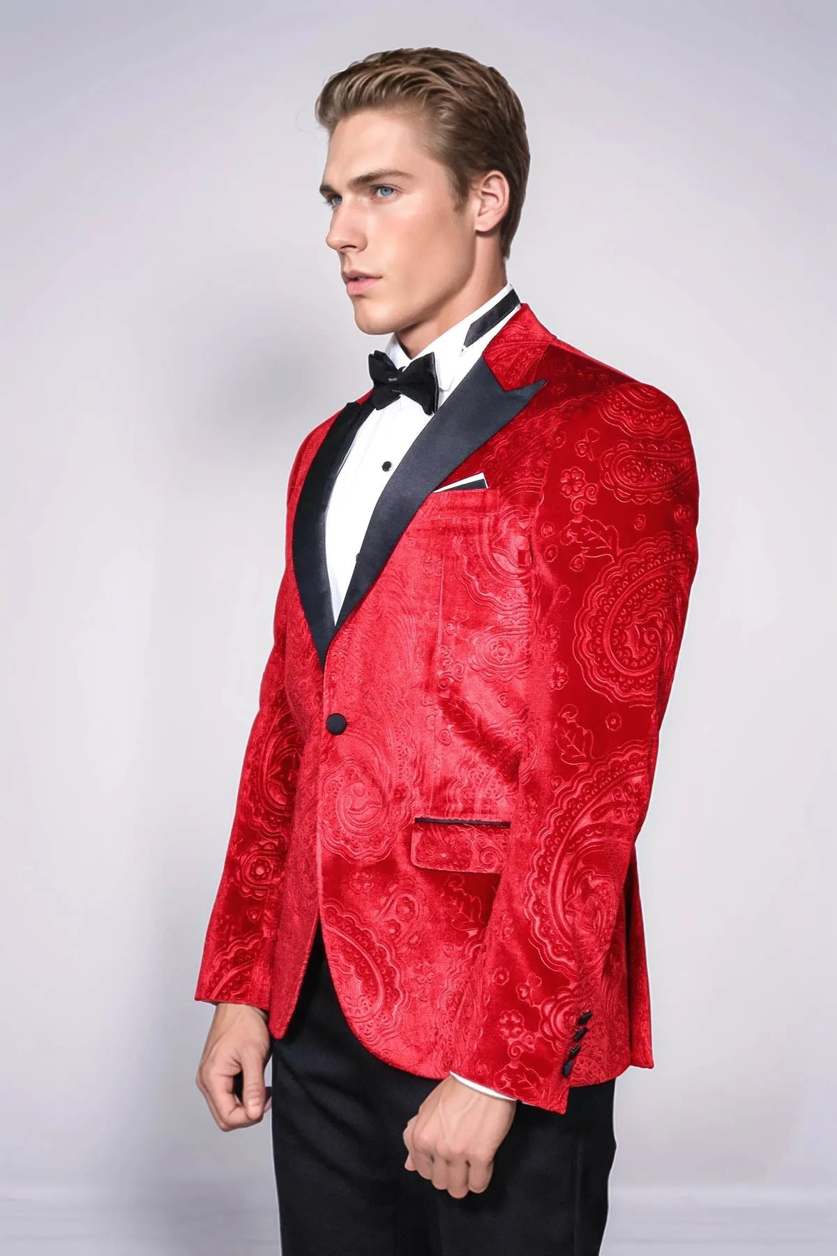 Floral Patterned Velvet Burgundy Men Prom Blazer - Wessi
