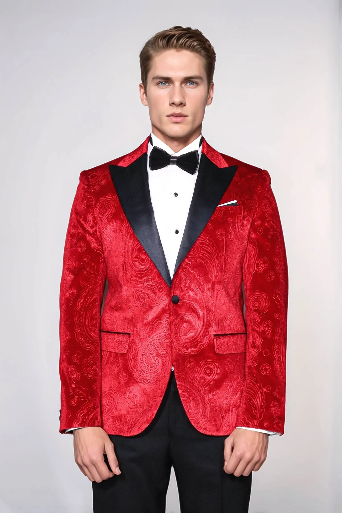Floral Patterned Velvet Burgundy Men Prom Blazer - Wessi