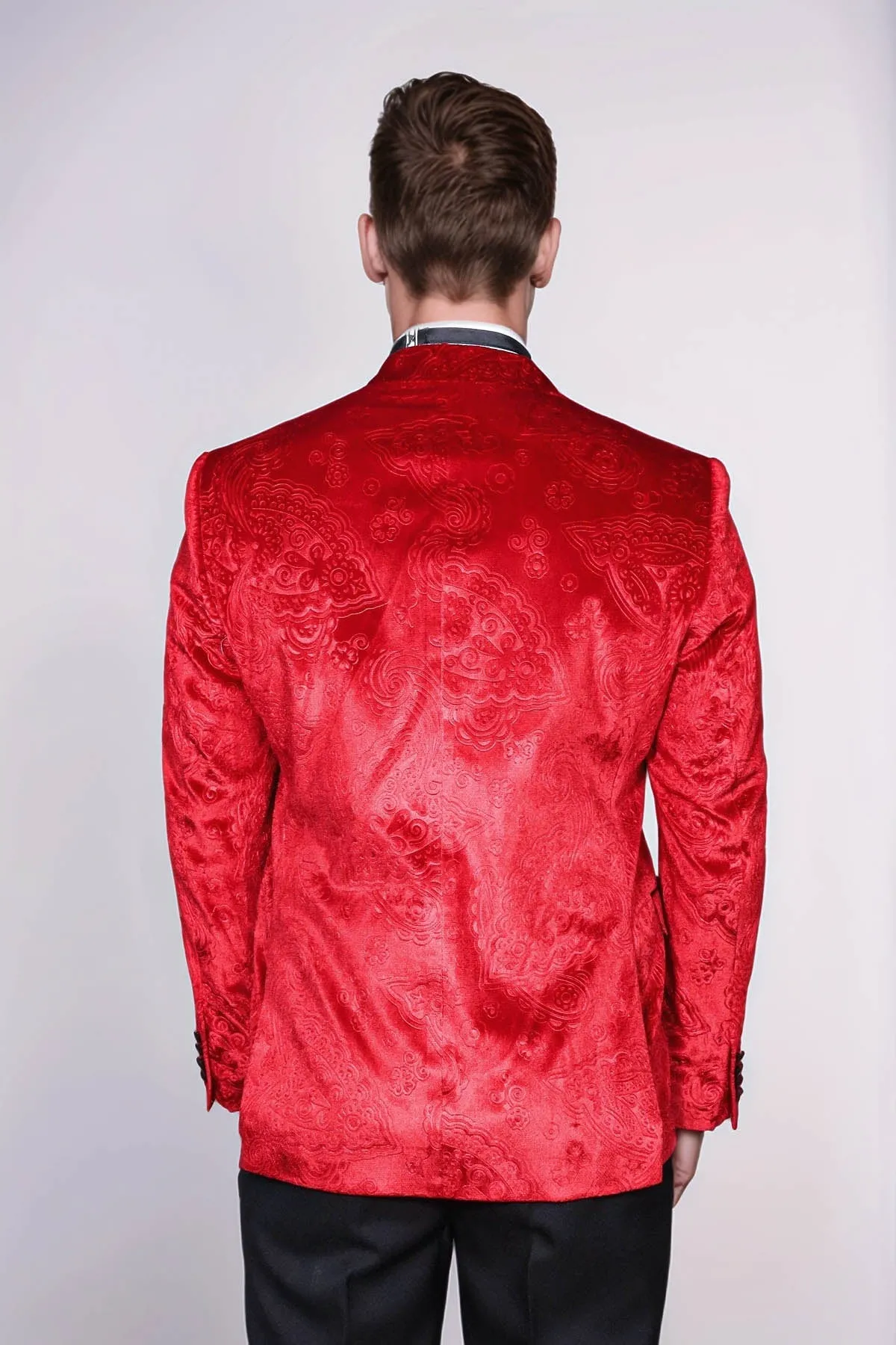 Floral Patterned Velvet Burgundy Men Prom Blazer - Wessi