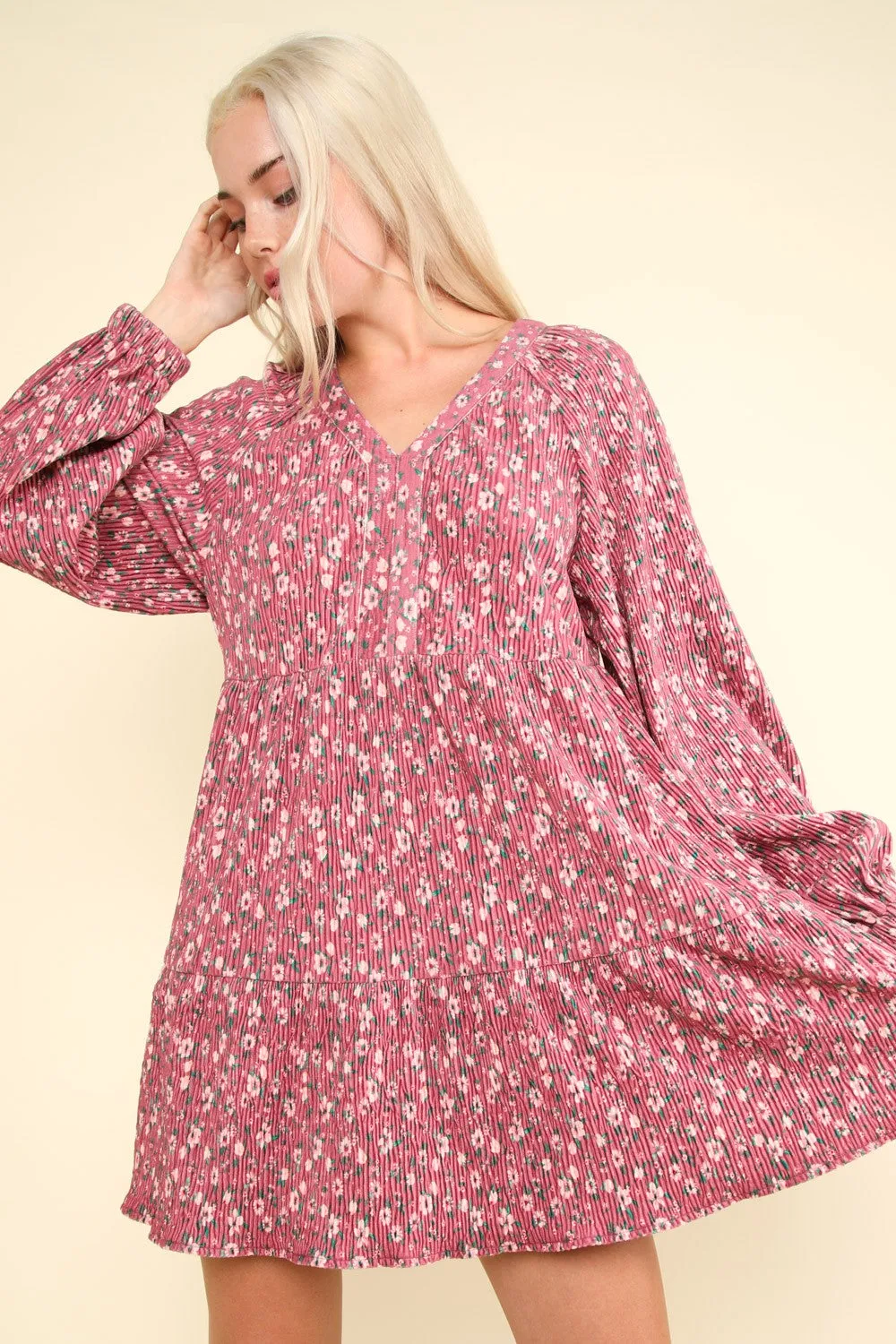 Flower Printed Velvet Babydoll Mini Dress