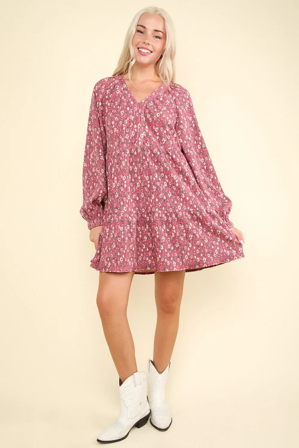 Flower Printed Velvet Babydoll Mini Dress