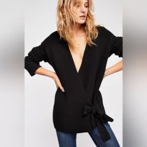Free People Ribbed Wrap Cardi Cardigan Open Sweater Small Black
