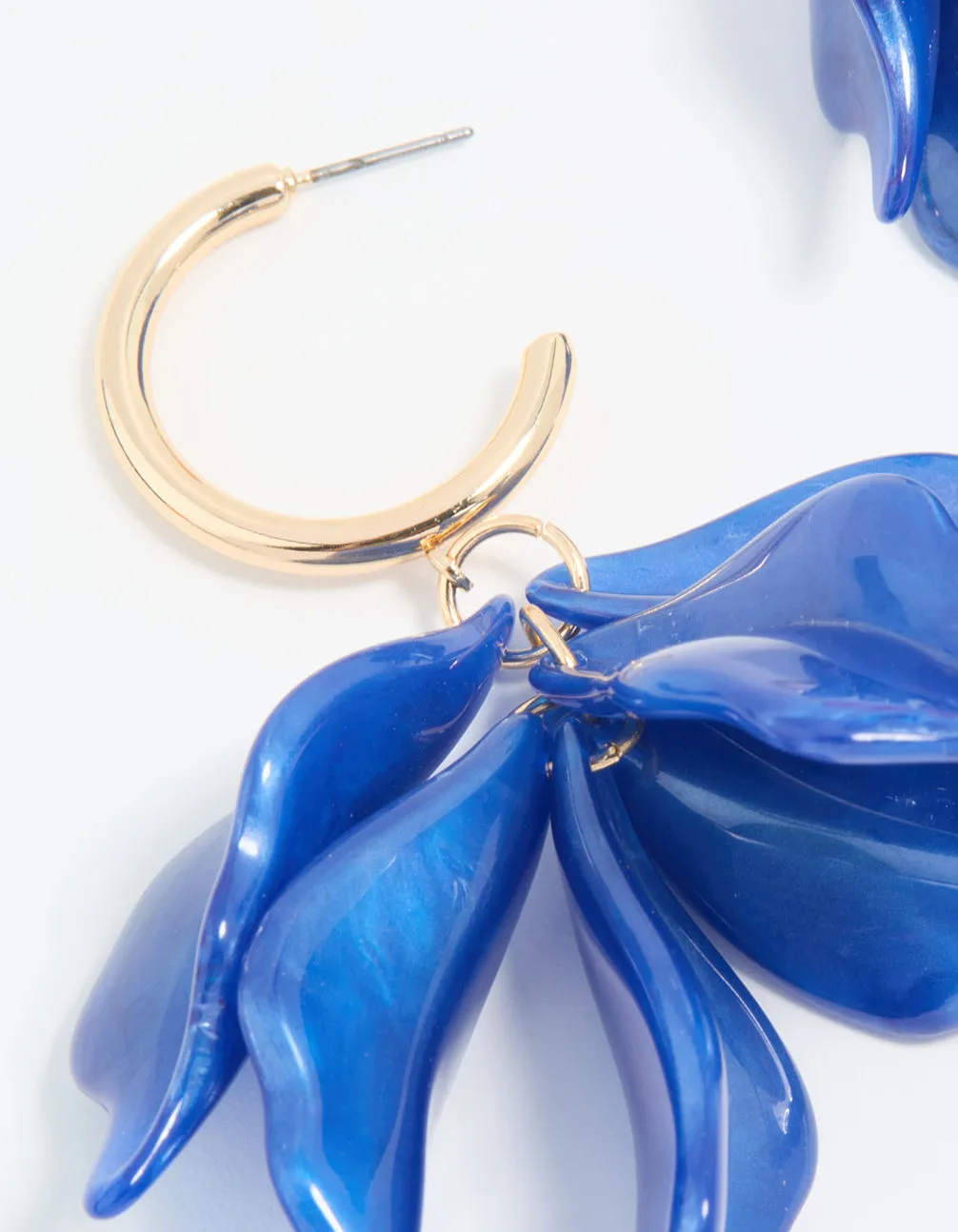Gold Blue Petal Drop Hoop Earrings