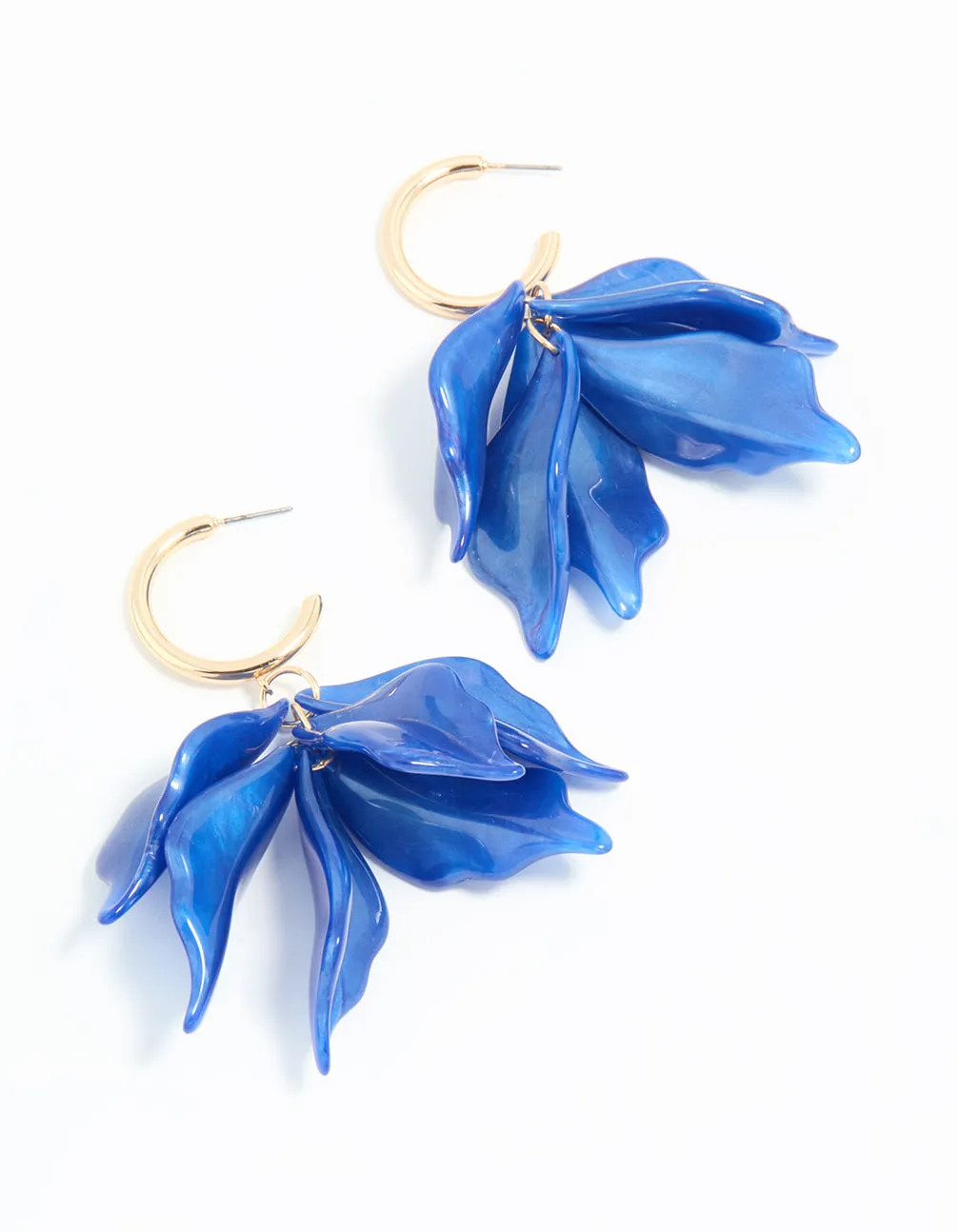 Gold Blue Petal Drop Hoop Earrings