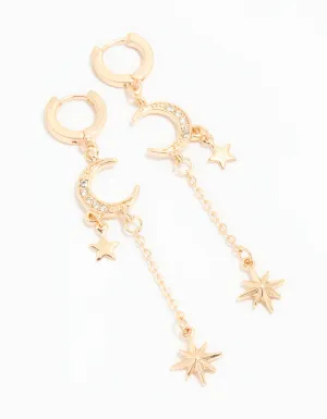Gold Diamante Celestial Chain Drop Huggie Earrings