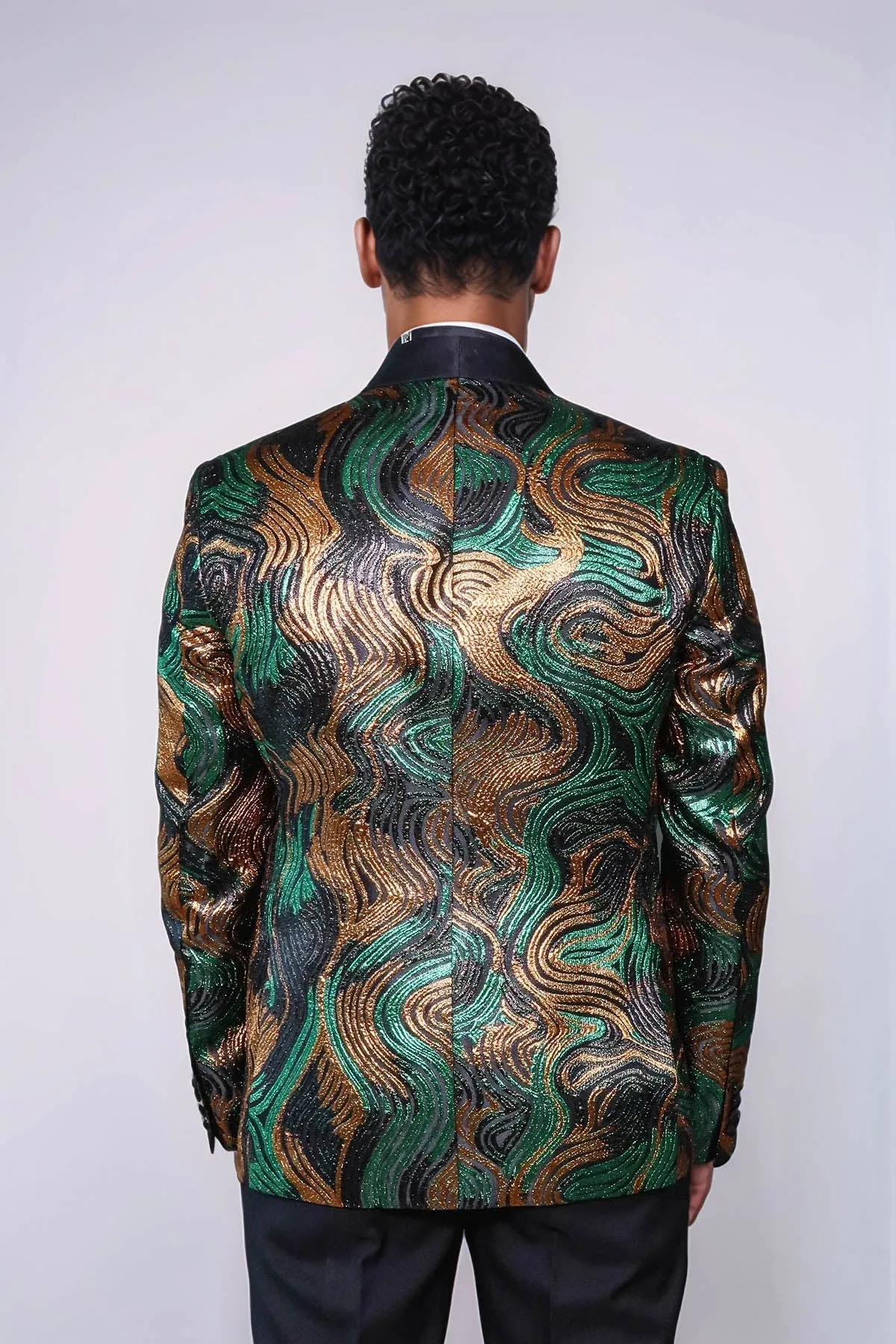 Gold-Green Patterned Over Black Men Prom Blazer - Wessi