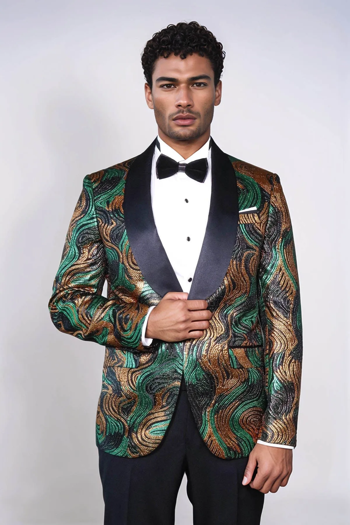Gold-Green Patterned Over Black Men Prom Blazer - Wessi