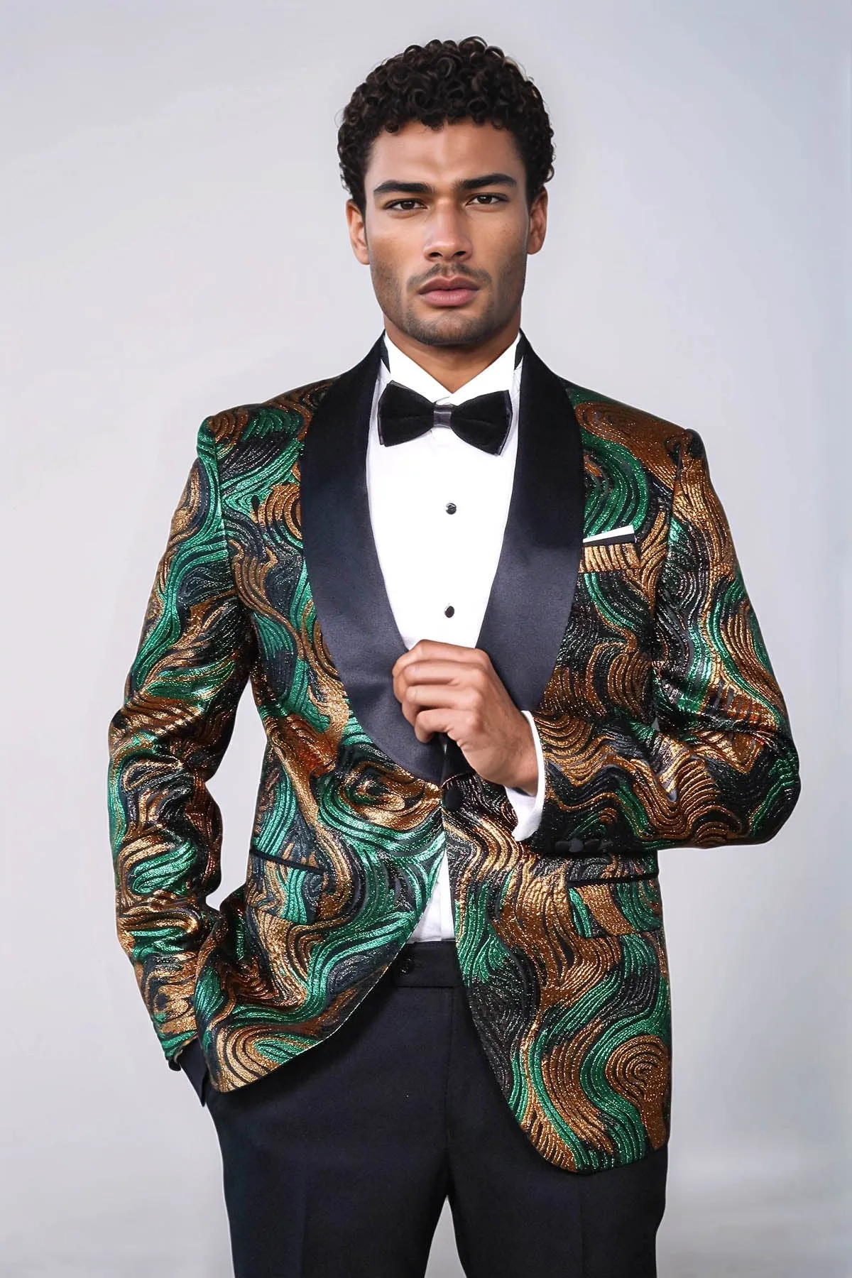 Gold-Green Patterned Over Black Men Prom Blazer - Wessi