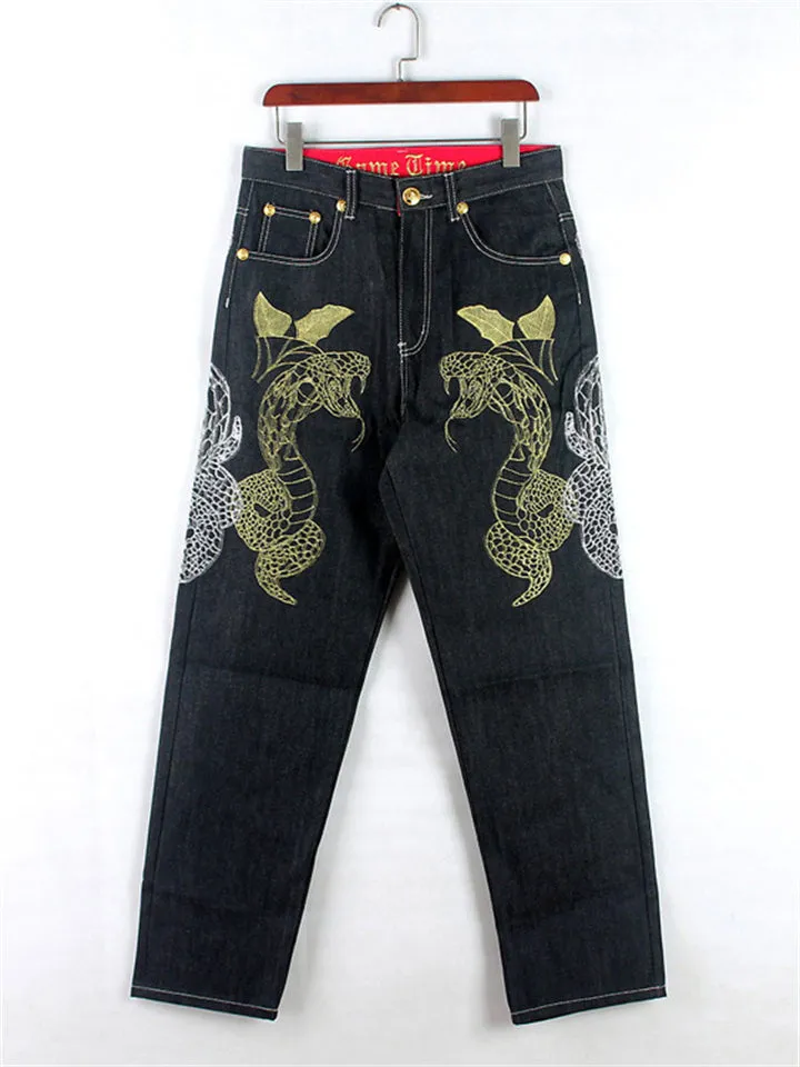 Golden Snake Letter Embroidery Hip Hop Jeans for Men