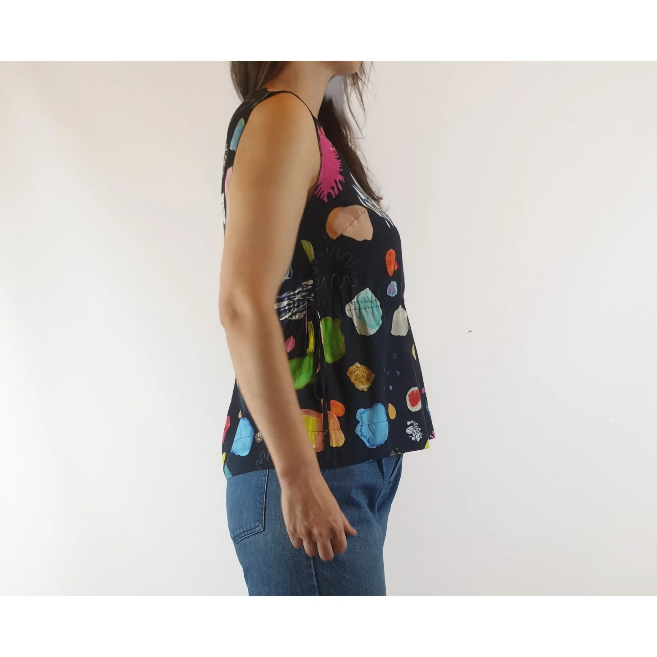 Gorman x Khinda Khalidy preloved black sleeveless top with beautiful unique print size 6