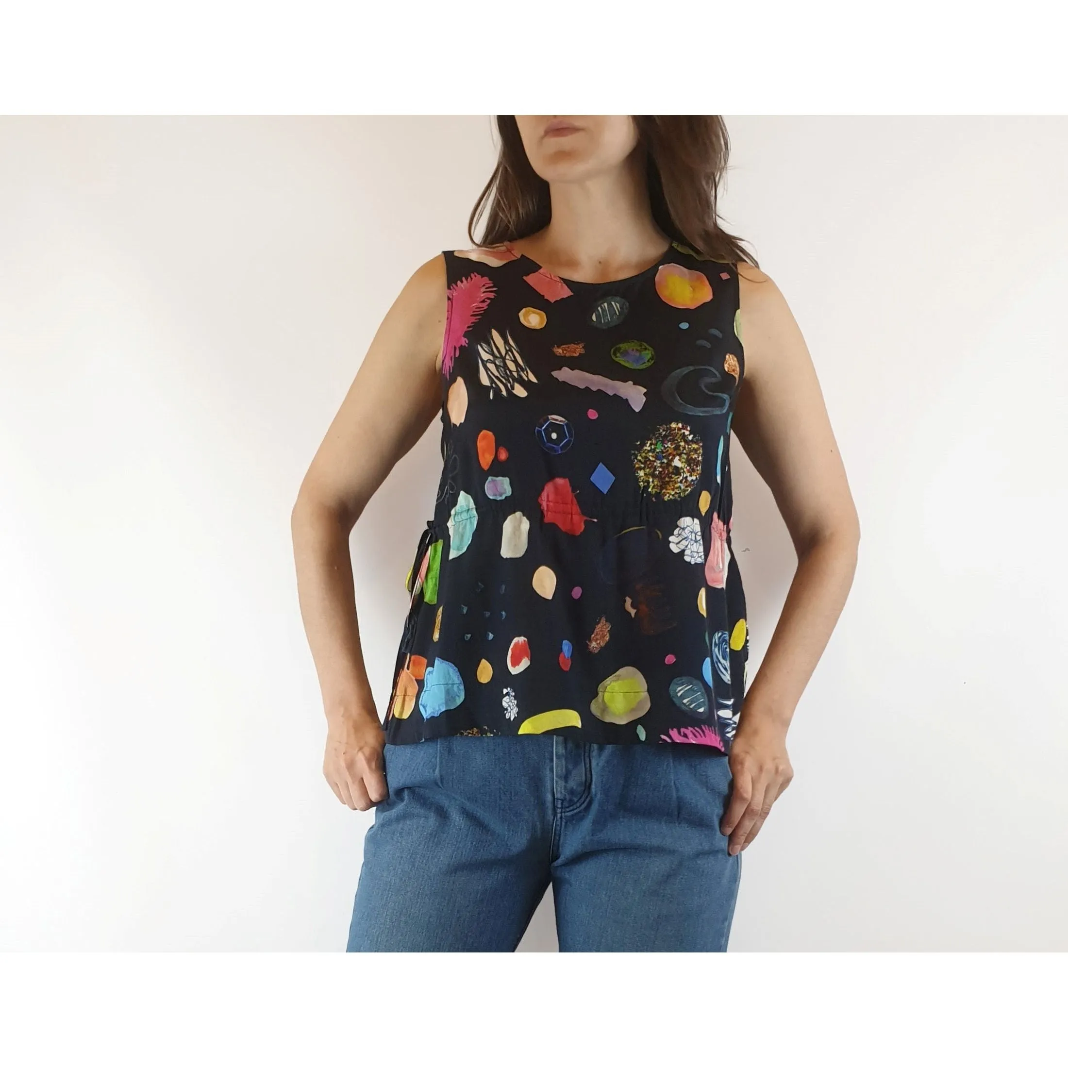 Gorman x Khinda Khalidy preloved black sleeveless top with beautiful unique print size 6