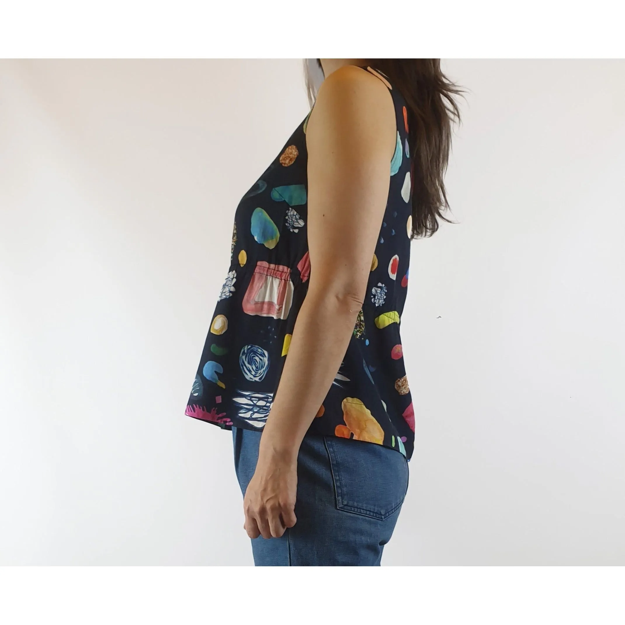 Gorman x Khinda Khalidy preloved black sleeveless top with beautiful unique print size 6