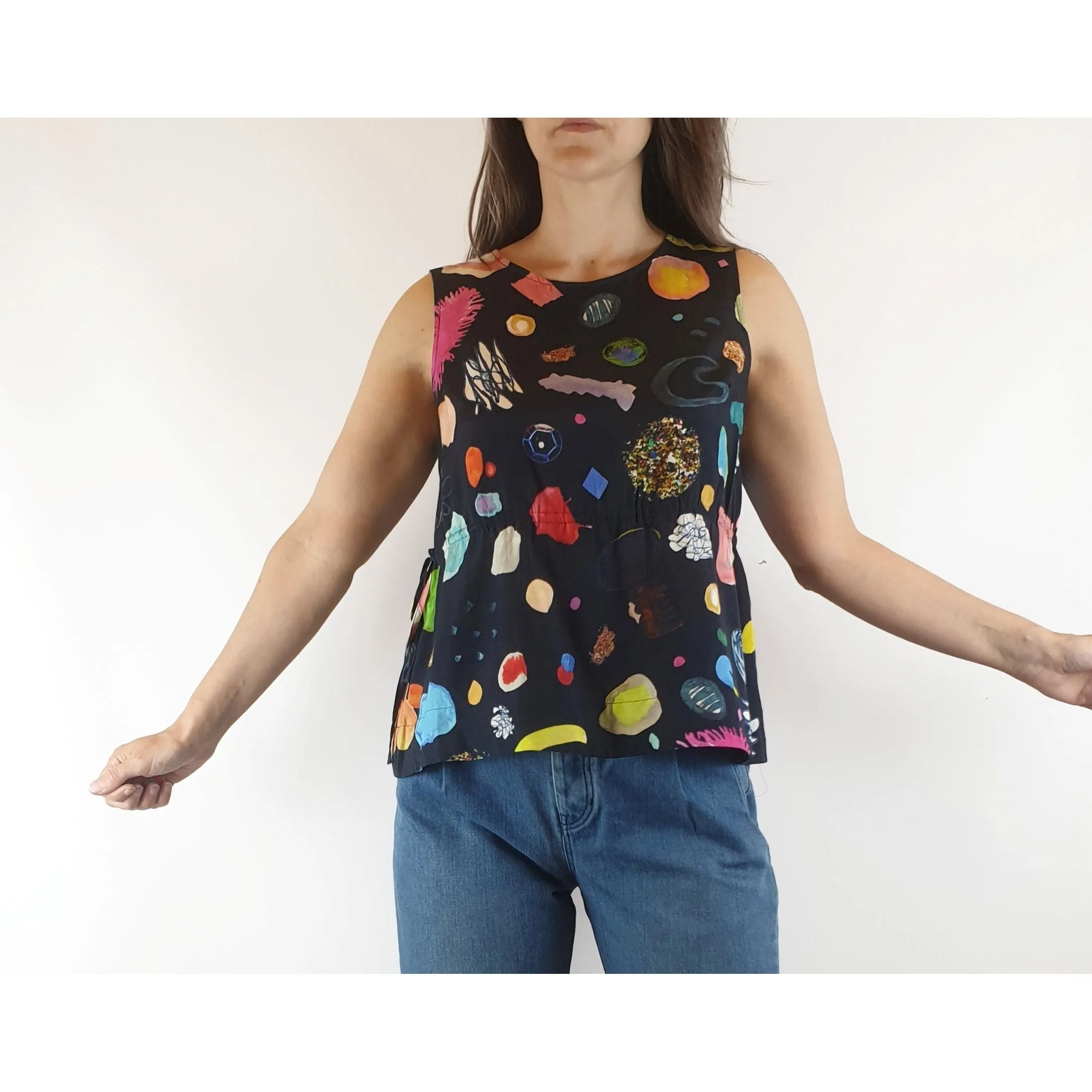 Gorman x Khinda Khalidy preloved black sleeveless top with beautiful unique print size 6