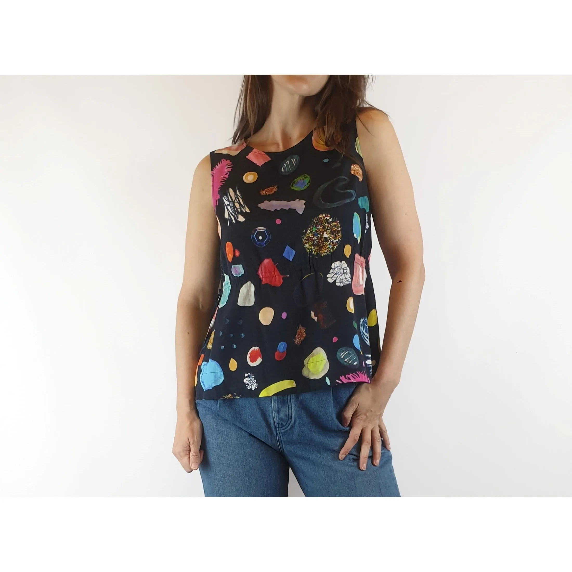 Gorman x Khinda Khalidy preloved black sleeveless top with beautiful unique print size 6