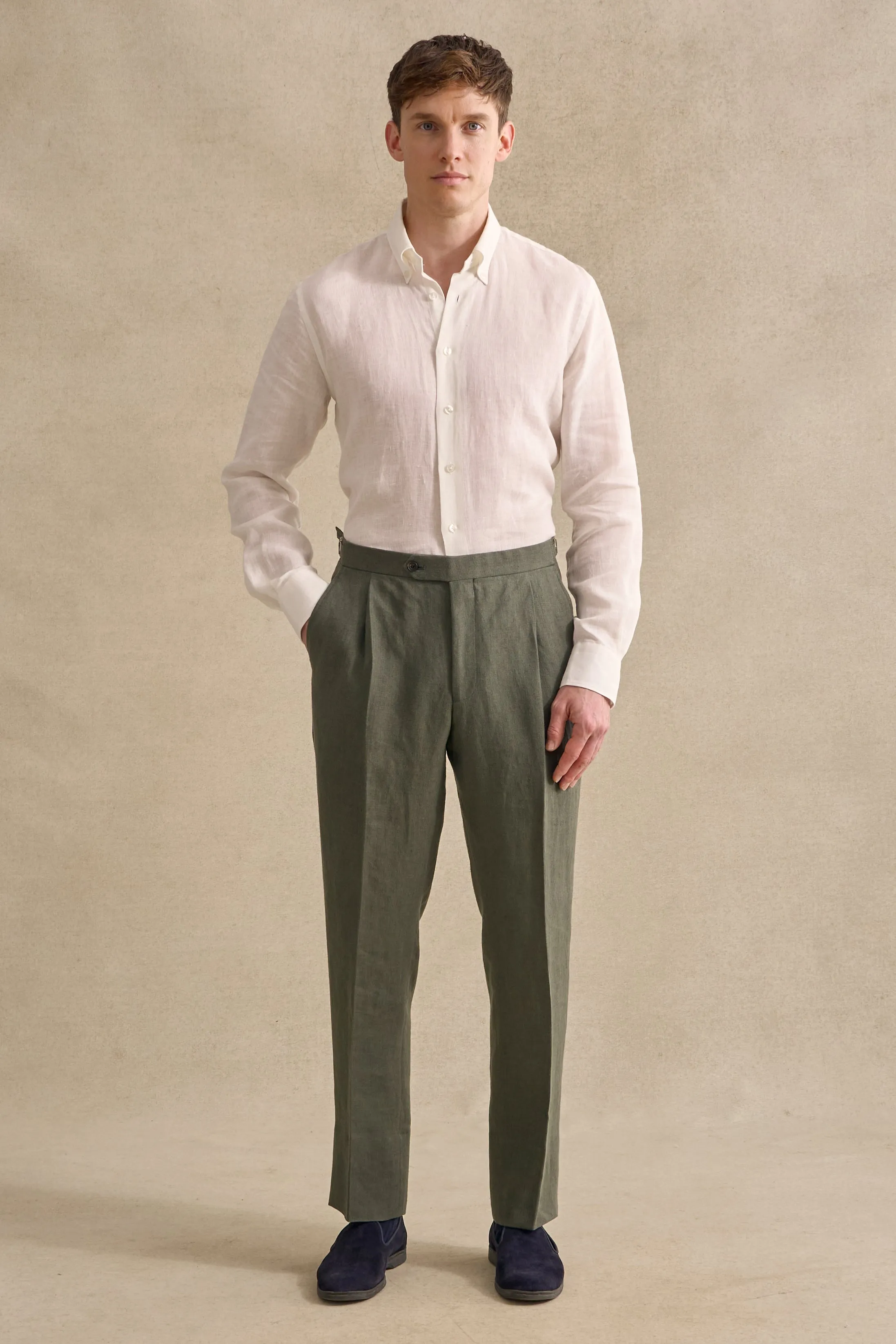 Green Single Pleat Linen Trousers