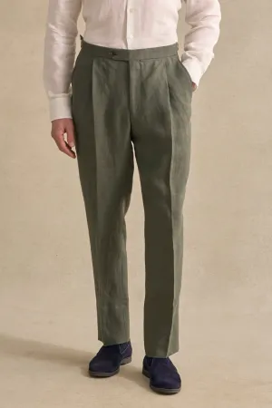 Green Single Pleat Linen Trousers