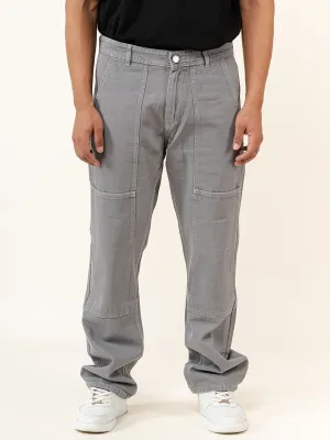 Grey Flared Straight Fit Denim Cargo Jeans