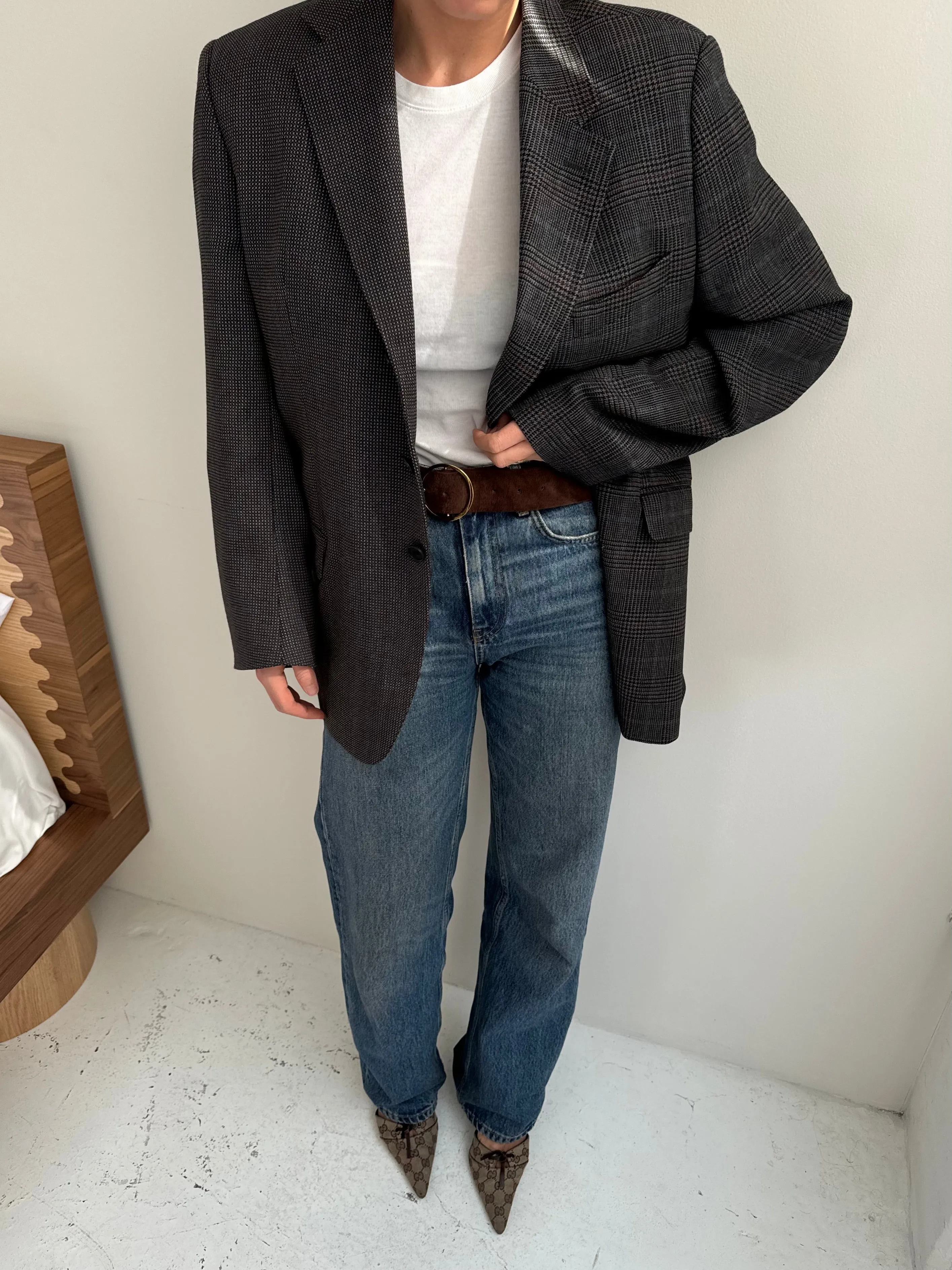 Grey plaid and speckered contrasted blazer
