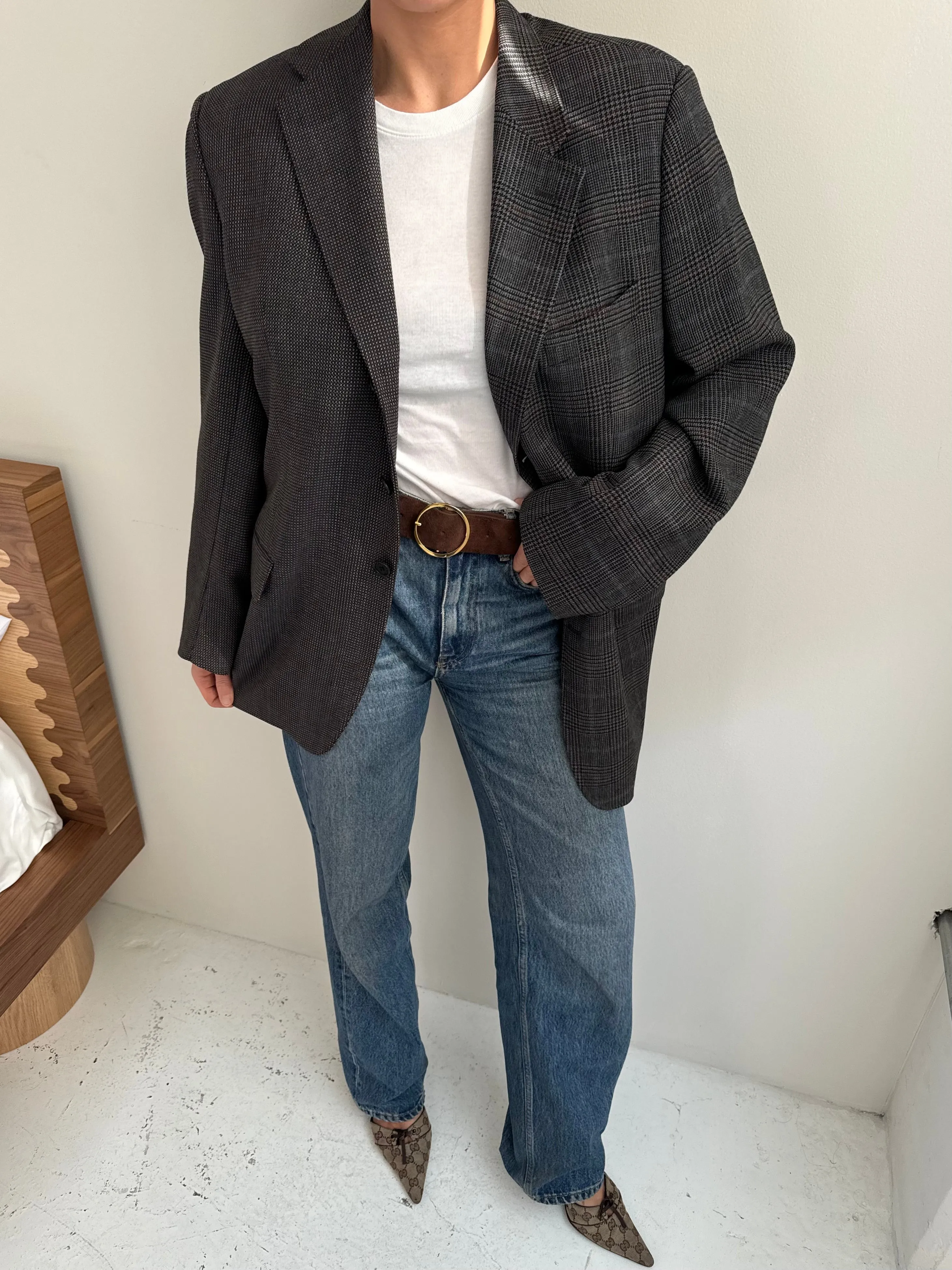 Grey plaid and speckered contrasted blazer