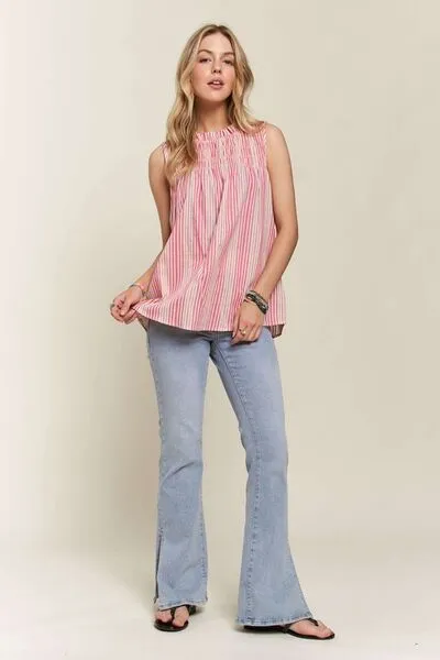 Hazel Blues® |  ADORA Contrast Striped Frill Round Neck Sleeveless Top