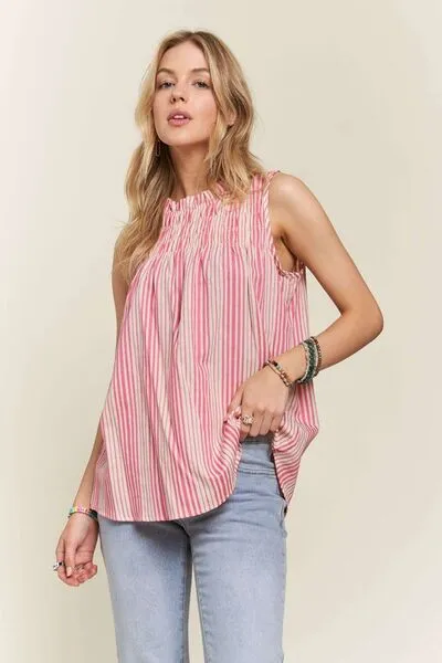 Hazel Blues® |  ADORA Contrast Striped Frill Round Neck Sleeveless Top