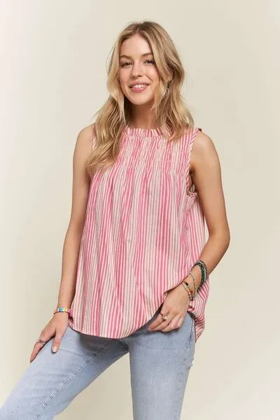 Hazel Blues® |  ADORA Contrast Striped Frill Round Neck Sleeveless Top