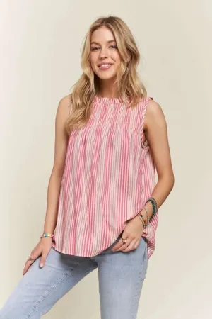 Hazel Blues® |  ADORA Contrast Striped Frill Round Neck Sleeveless Top