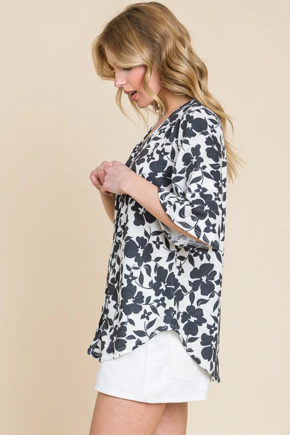 Hazel Blues® |  BOMBOM Floral Decorative Button V-Neck Top