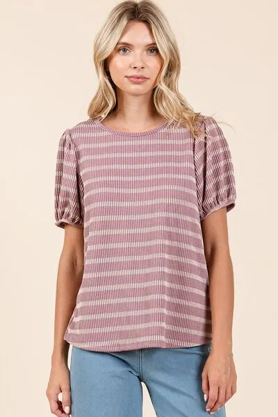 Hazel Blues® |  Mittoshop Contrast Striped Short Puff Sleeve Knit Top