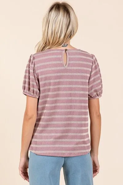 Hazel Blues® |  Mittoshop Contrast Striped Short Puff Sleeve Knit Top