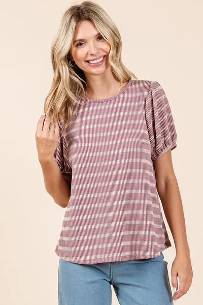 Hazel Blues® |  Mittoshop Contrast Striped Short Puff Sleeve Knit Top