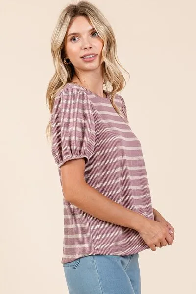 Hazel Blues® |  Mittoshop Contrast Striped Short Puff Sleeve Knit Top