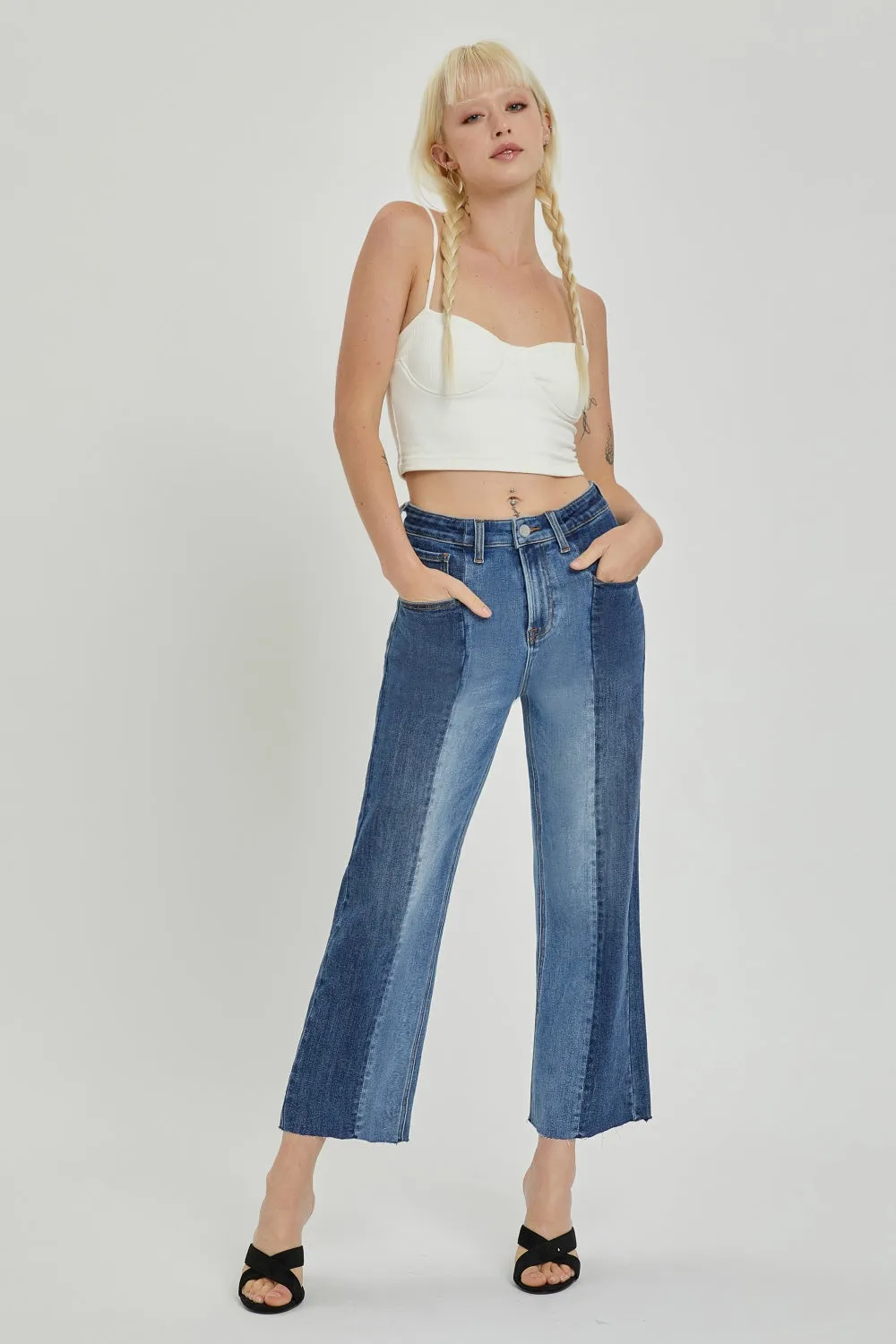 Hazel Blues® |  RISEN Mid-Rise Waist Two-Tones Jeans with Pockets