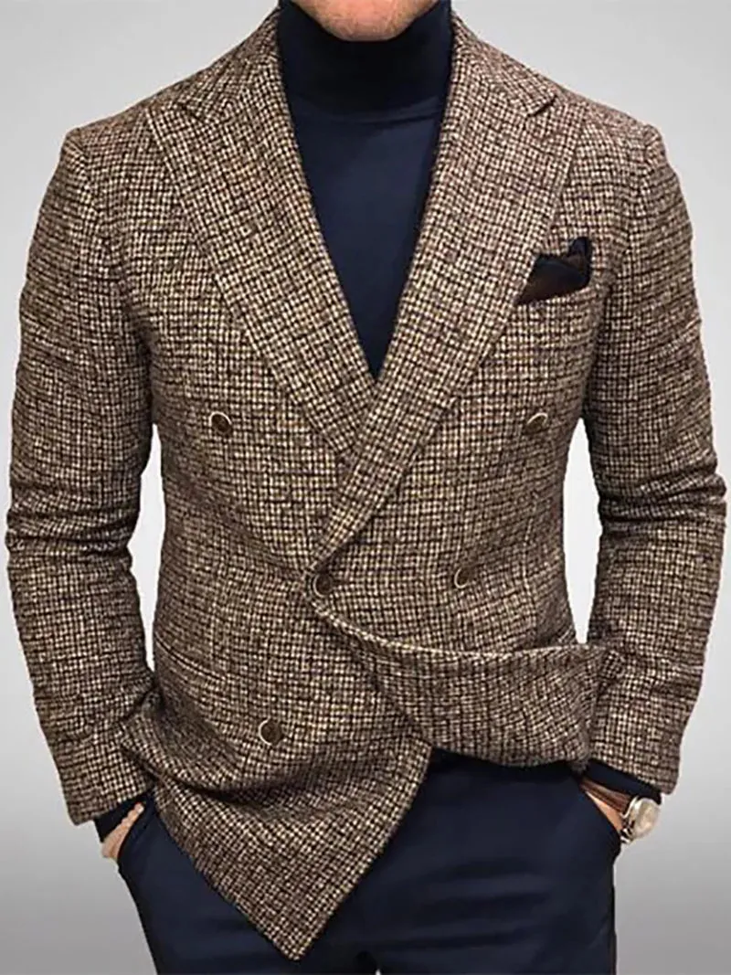 High End Men Business Blazers Slim Fit Plaid Suits Jackets Male Long Sleeve Double-Breasted Outerwear