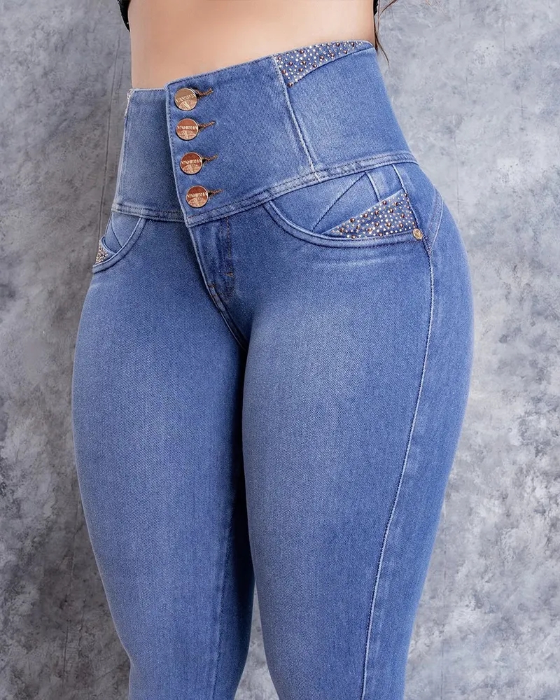High-Waisted Diamond-Studded Slim-Fit Jeans (Pre-sale)
