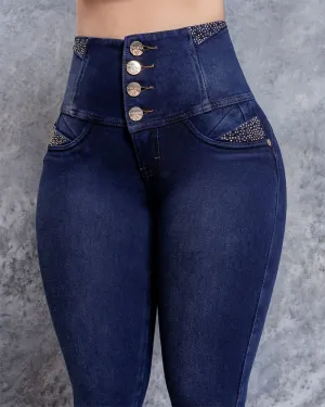 High-Waisted Diamond-Studded Slim-Fit Jeans (Pre-sale)